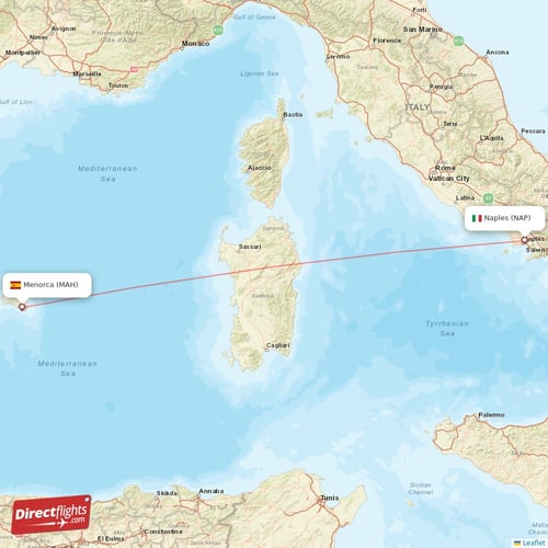 Naples - Menorca direct flight map