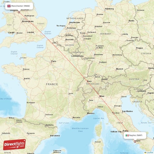 Naples - Manchester direct flight map