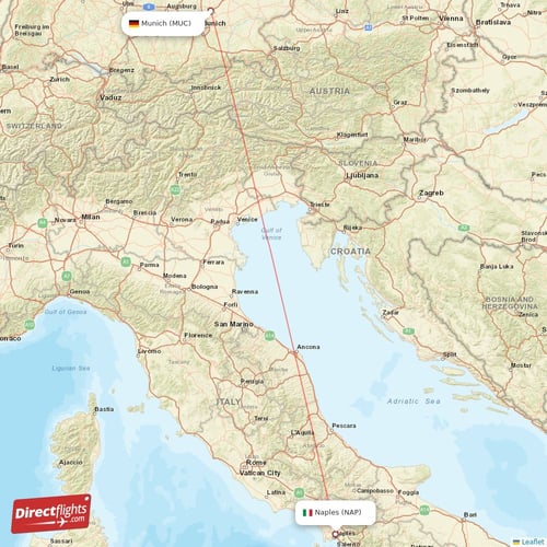 Naples - Munich direct flight map