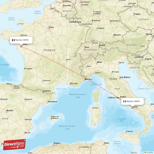 Naples - Nantes direct flight map