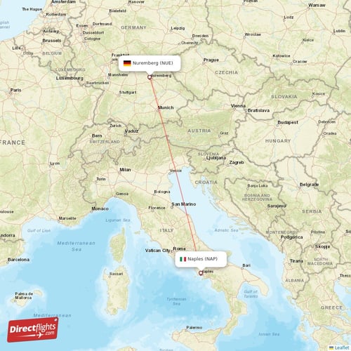 Naples - Nuremberg direct flight map
