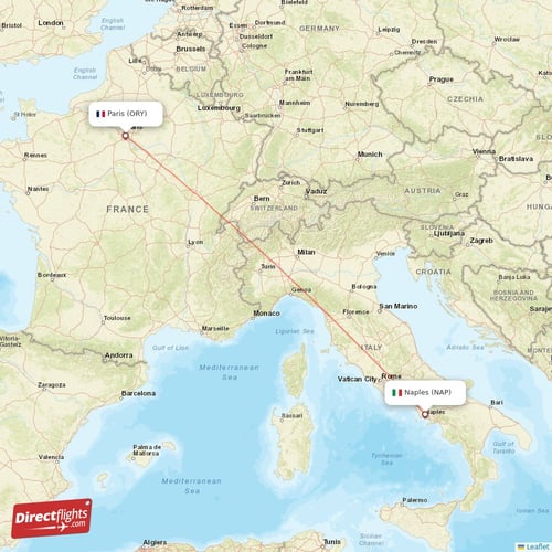 Naples - Paris direct flight map