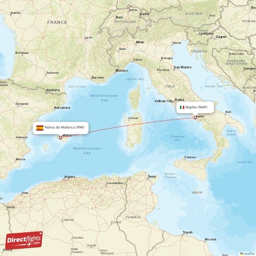 Naples - Palma de Mallorca direct flight map