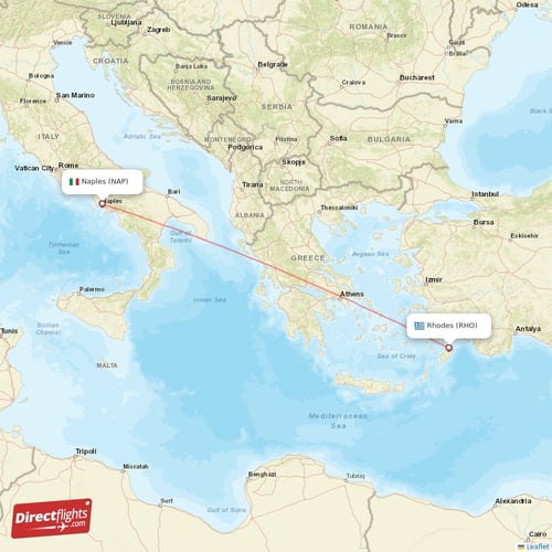 Naples - Rhodes direct flight map