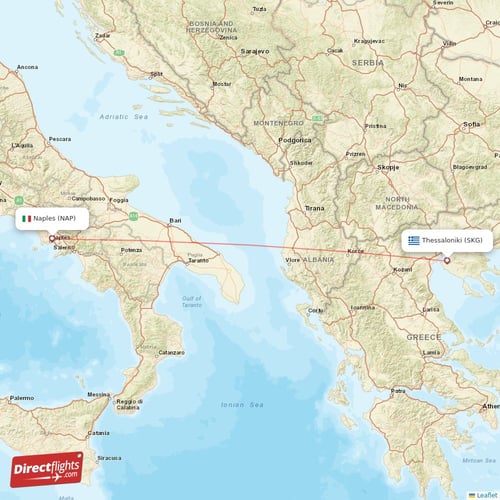 Naples - Thessaloniki direct flight map
