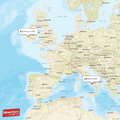 Naples - Shannon direct flight map
