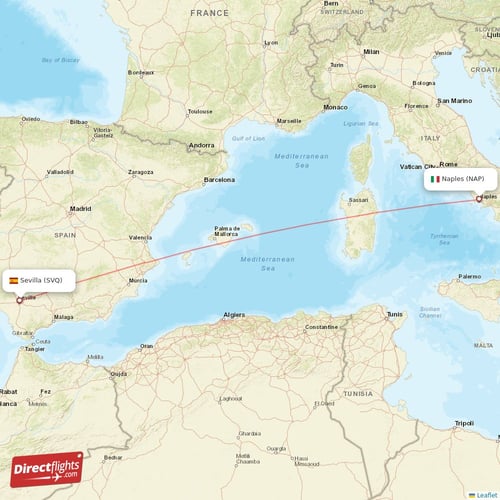 Naples - Sevilla direct flight map