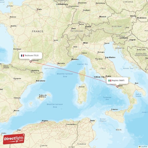 Naples - Toulouse direct flight map