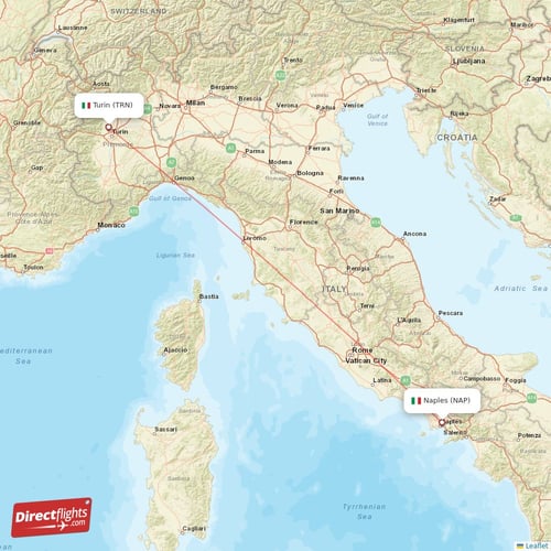 Naples - Turin direct flight map