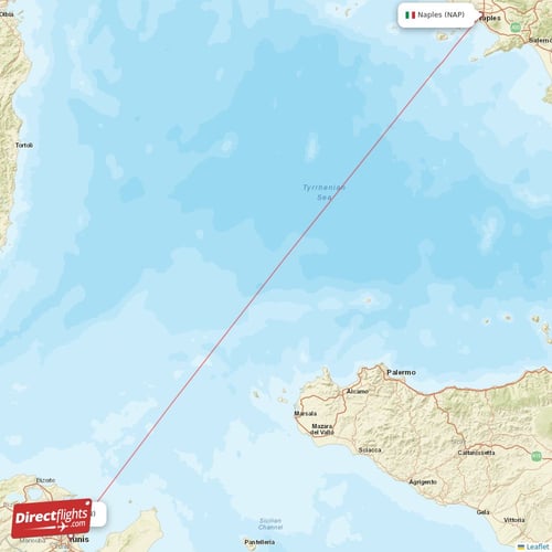 Naples - Tunis direct flight map