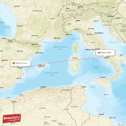 Naples - Valencia direct flight map