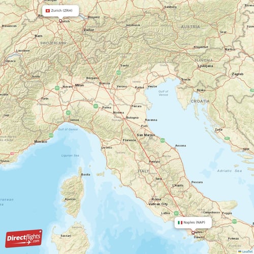 Naples - Zurich direct flight map