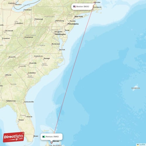Nassau - Boston direct flight map