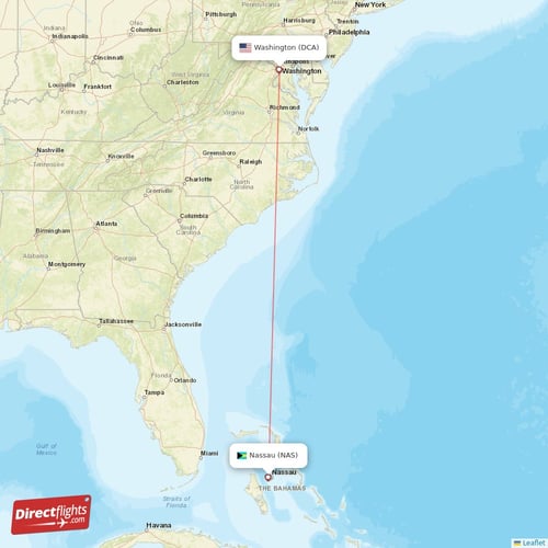 Nassau - Washington direct flight map