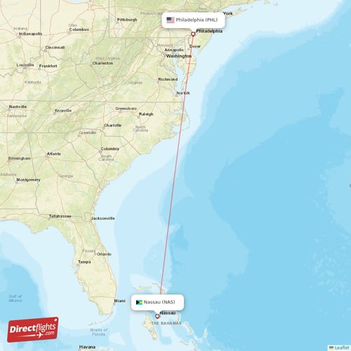Nassau - Philadelphia direct flight map