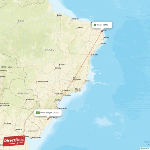 Natal - Porto Alegre direct flight map