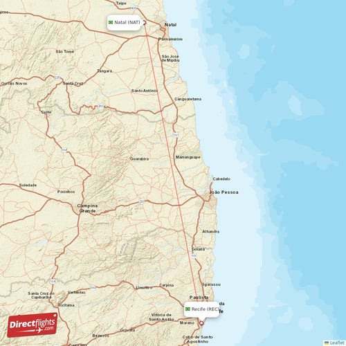 Natal - Recife direct flight map