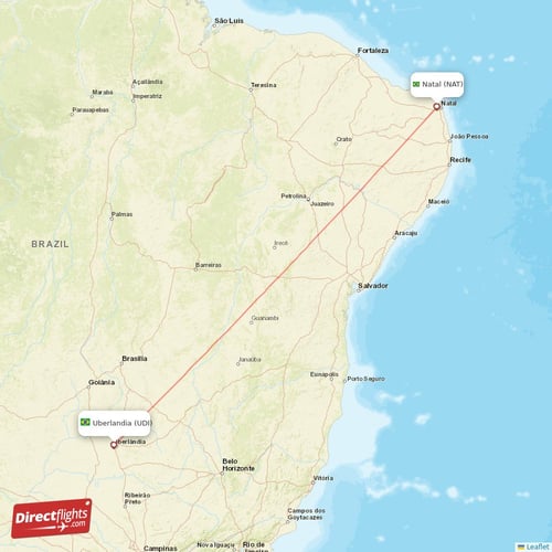 Natal - Uberlandia direct flight map