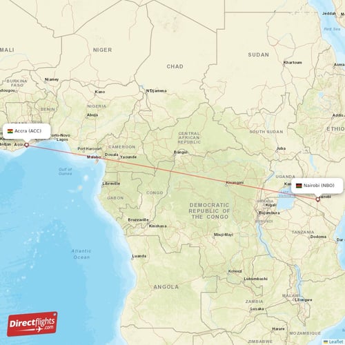 Nairobi - Accra direct flight map