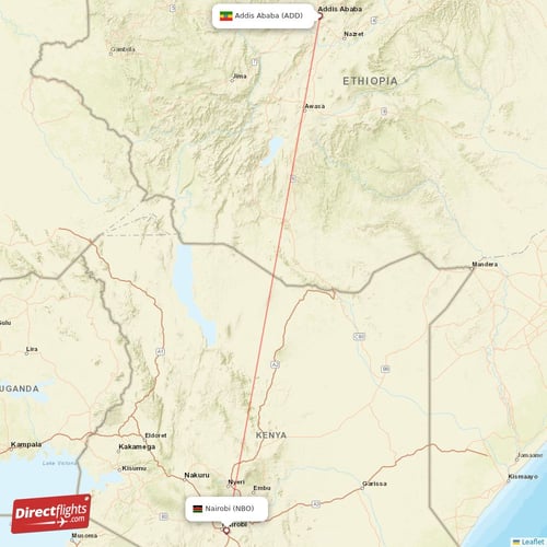 Nairobi - Addis Ababa direct flight map