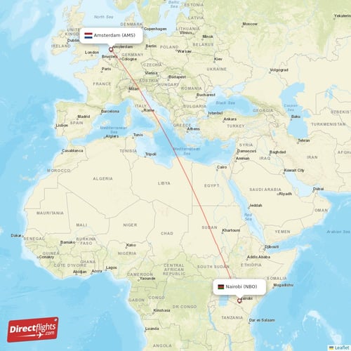 Nairobi - Amsterdam direct flight map
