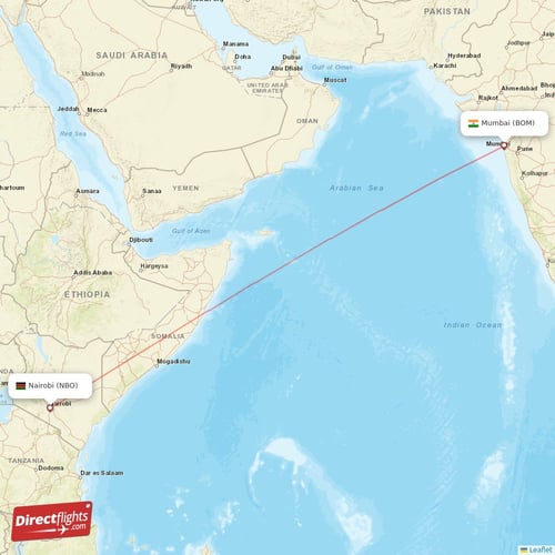 Nairobi - Mumbai direct flight map