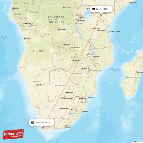 Nairobi - Cape Town direct flight map