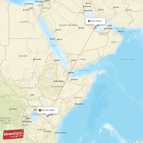 Nairobi - Doha direct flight map