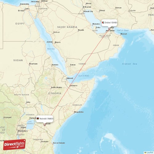 Nairobi - Dubai direct flight map