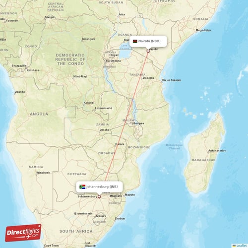 Nairobi - Johannesburg direct flight map