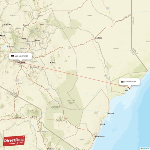 Nairobi - Lamu direct flight map