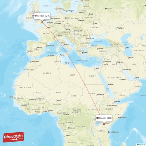 Nairobi - London direct flight map