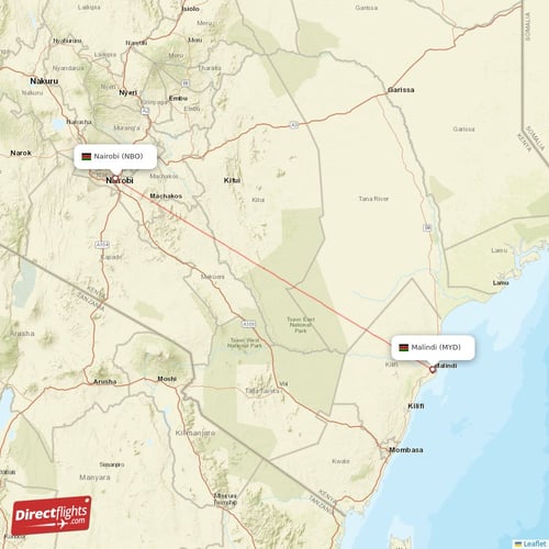 Nairobi - Malindi direct flight map