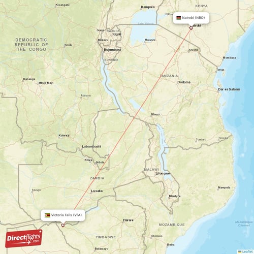 Nairobi - Victoria Falls direct flight map