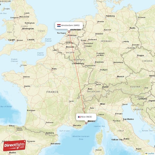 Nice - Amsterdam direct flight map