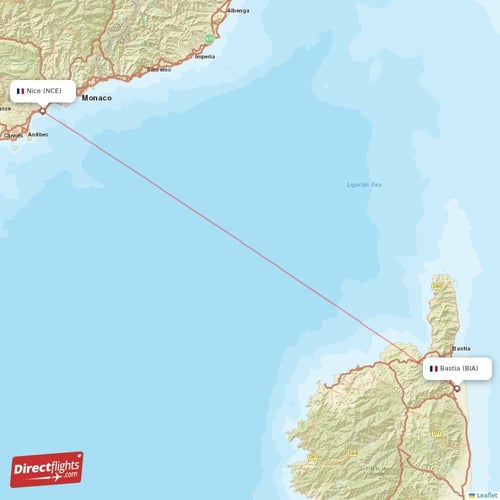 Nice - Bastia direct flight map