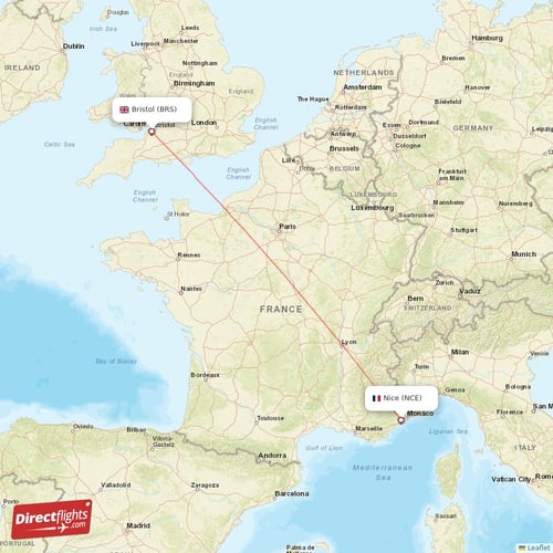 Nice - Bristol direct flight map