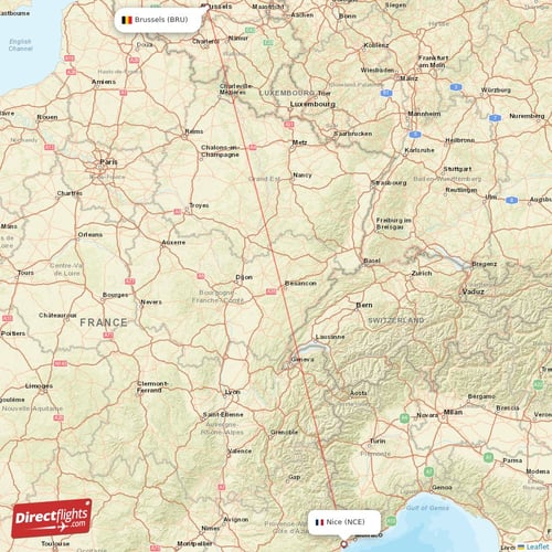 Nice - Brussels direct flight map
