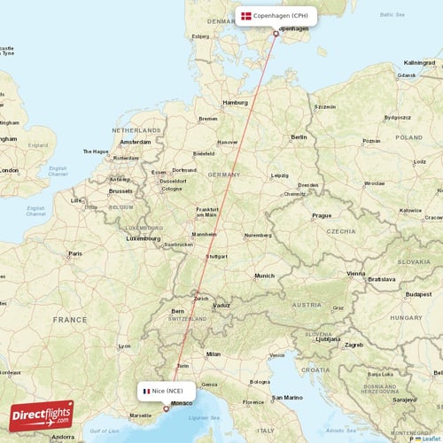Nice - Copenhagen direct flight map
