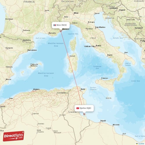 Nice - Djerba direct flight map