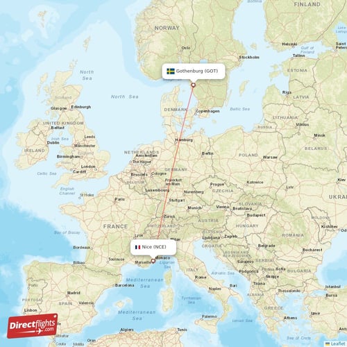 Nice - Gothenburg direct flight map