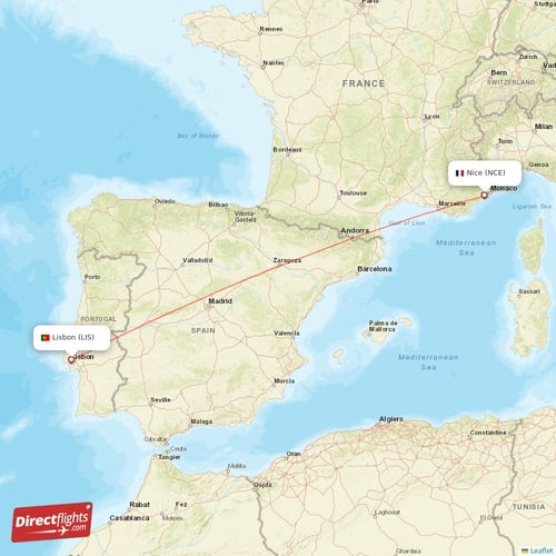 Nice - Lisbon direct flight map