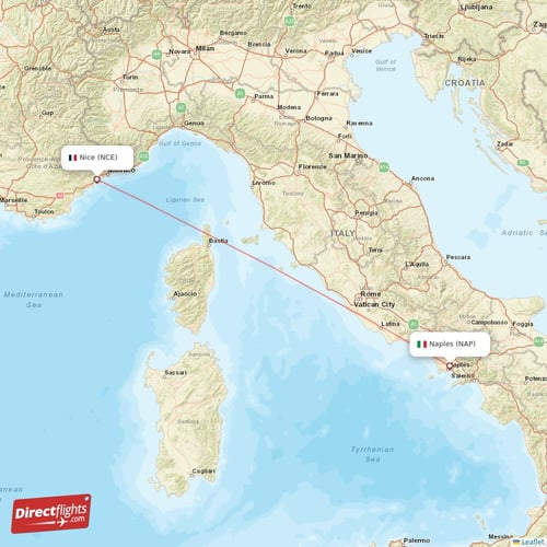 Nice - Naples direct flight map