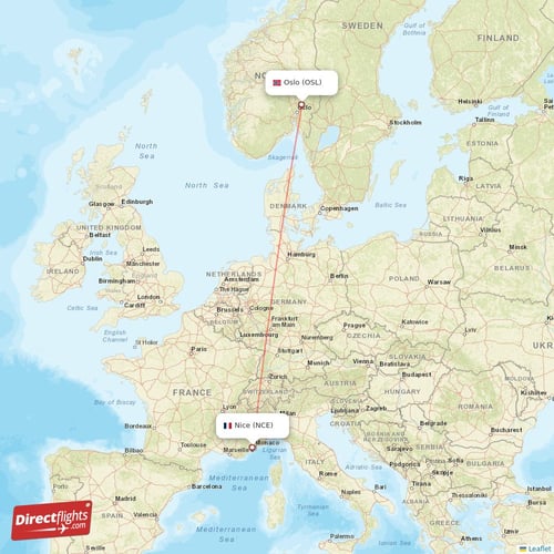 Nice - Oslo direct flight map