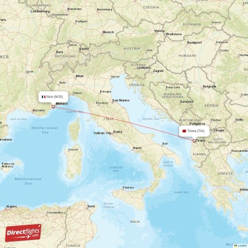 Nice - Tirana direct flight map