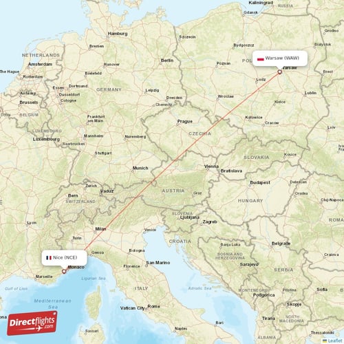 Nice - Warsaw direct flight map