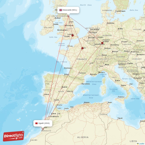 Newcastle - Agadir direct flight map
