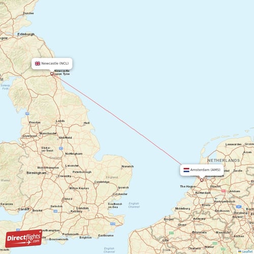 Newcastle - Amsterdam direct flight map