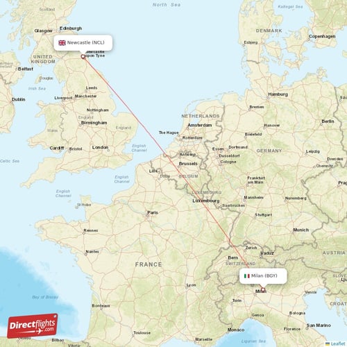 Newcastle - Milan direct flight map
