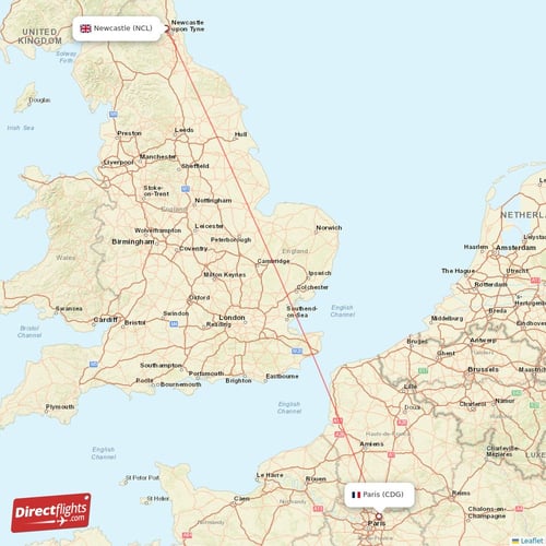 Newcastle - Paris direct flight map
